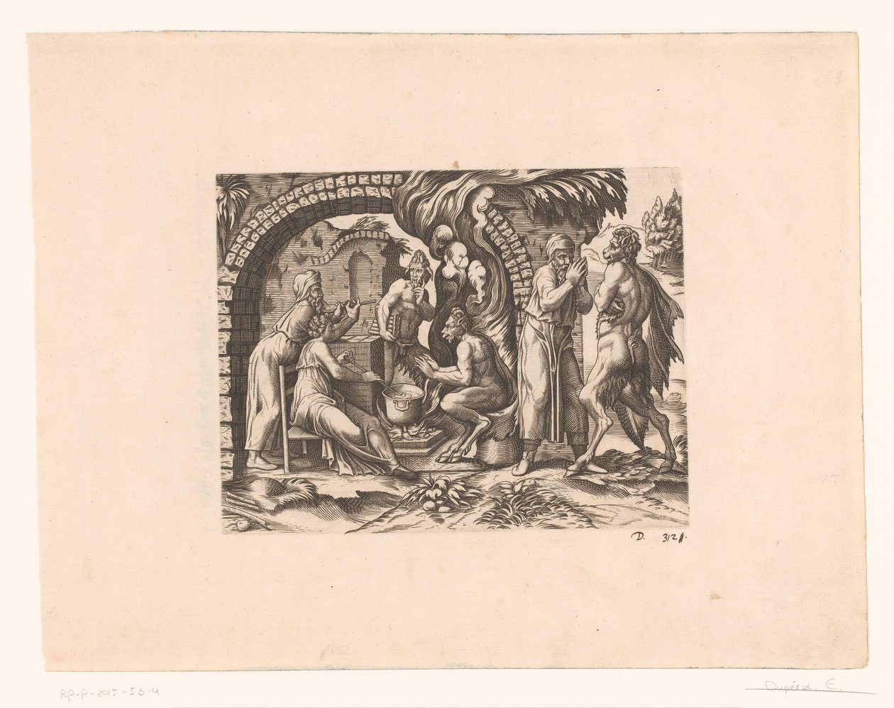 Fábula do sátiro e do camponês que sopra em sua sopa e em suas mãos de Etienne Dupérac (attributed to)