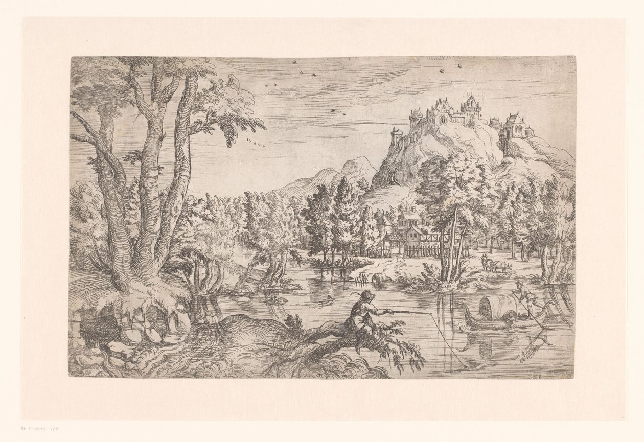 Paisagem com pescador e castelo no topo da montanha de Etienne Dupérac (attributed to)