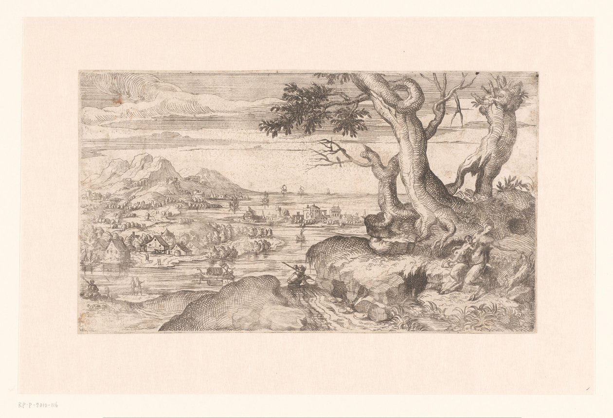 Paisagem com um sátiro feminino alimentando uma criança sátiro de Etienne Dupérac (attributed to)