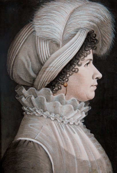 Retrato de uma mulher com um chapéu decorado com uma pena (pastel sobre papel) de Etienne Esperance Bouchardy