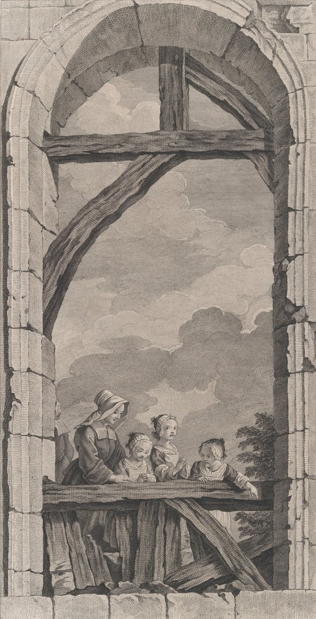 A Capela dos Enjeitados em Paris: Freira e Meninas Observando o Crec..., 1756. de Etienne Fessard