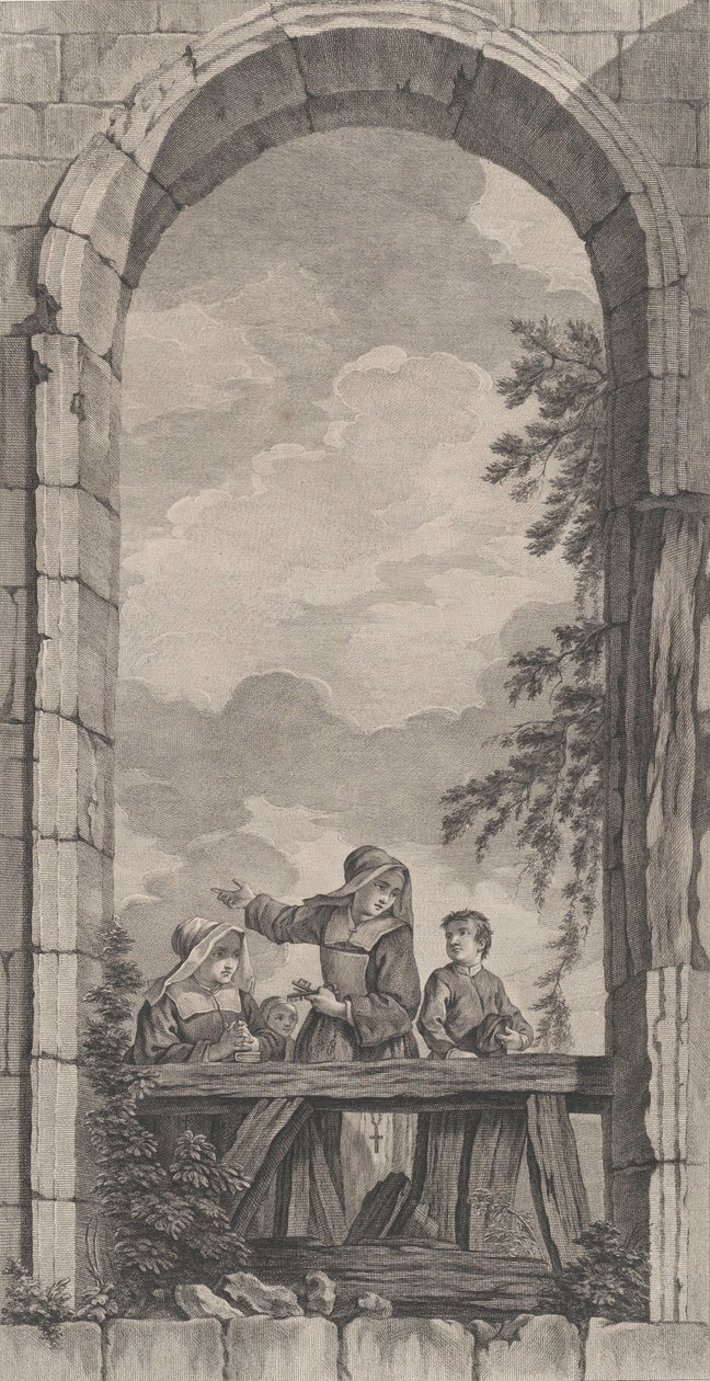 A Capela dos Enjeitados em Paris: Freiras e Meninos Olhando o Presépio,..., 1757. de Etienne Fessard