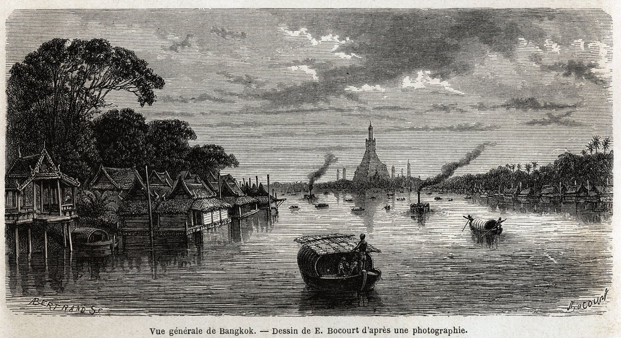 Vista geral de Banguecoque (Tailândia), desenho de E.Bocour, para ilustrar a viagem de Henri Mouhot aos reinos do Sião, Camboja e Laos, de 1858 a 1861. Gravura em "Le tour du monde", editado por Edouard Charton de Etienne Gabriel Bocourt