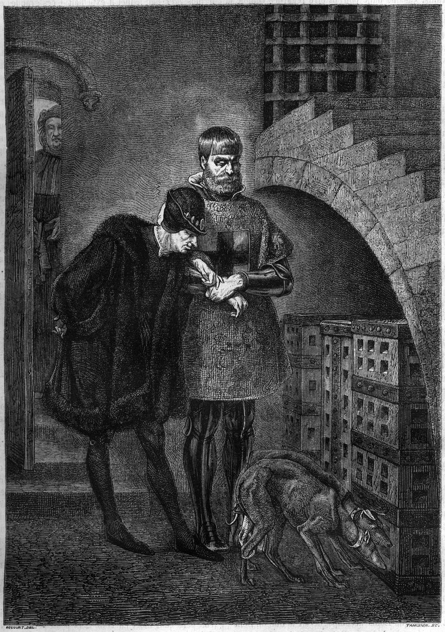 Rei Luís XI da França (1423-1483) visitando o prisioneiro Jean de La Balue (Cardeal Balue) (1421-1491), encerrado numa gaiola de ferro. Gravura de Bocour após a pintura de Gerome de Etienne Gabriel Bocourt