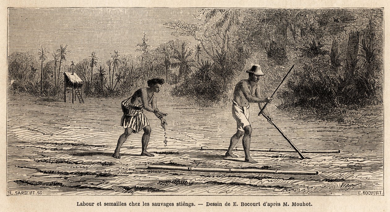 Lavrar e semear entre os selvagens Stiengs, habitantes das florestas do Camboja, desenhados por E.Bocour, para ilustrar a viagem de Henri Mouhot através dos reinos do Sião, Camboja e Laos de 1858 a 1861. Gravura em "Le tour du monde", editado de Etienne Gabriel Bocourt