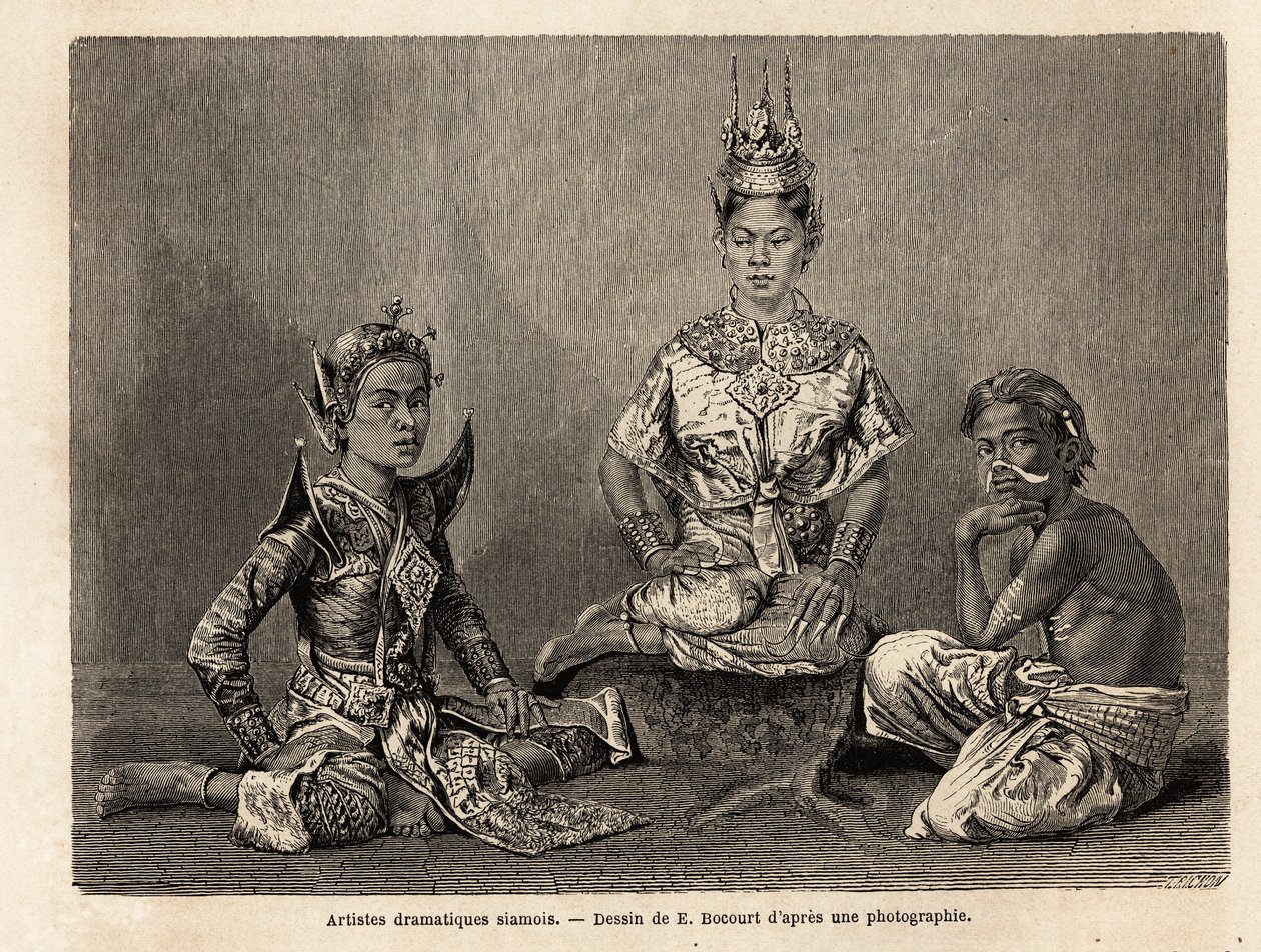 Artistas dramáticos siameses, desenhados por E.Bocour, para ilustrar a viagem de Henri Mouhot aos reinos do Sião, Camboja e Laos, de 1858 a 1861. Gravura em "Le tour du monde", editado por Edouard Charton de Etienne Gabriel Bocourt