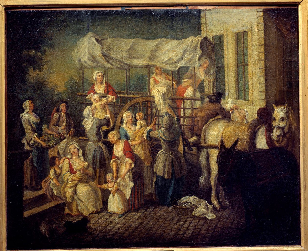A Chegada dos Enfermeiros Pintura de Etienne Jeaurat (1699-1789) Laon do século XVIII, museu municipal de Étienne Jeaurat