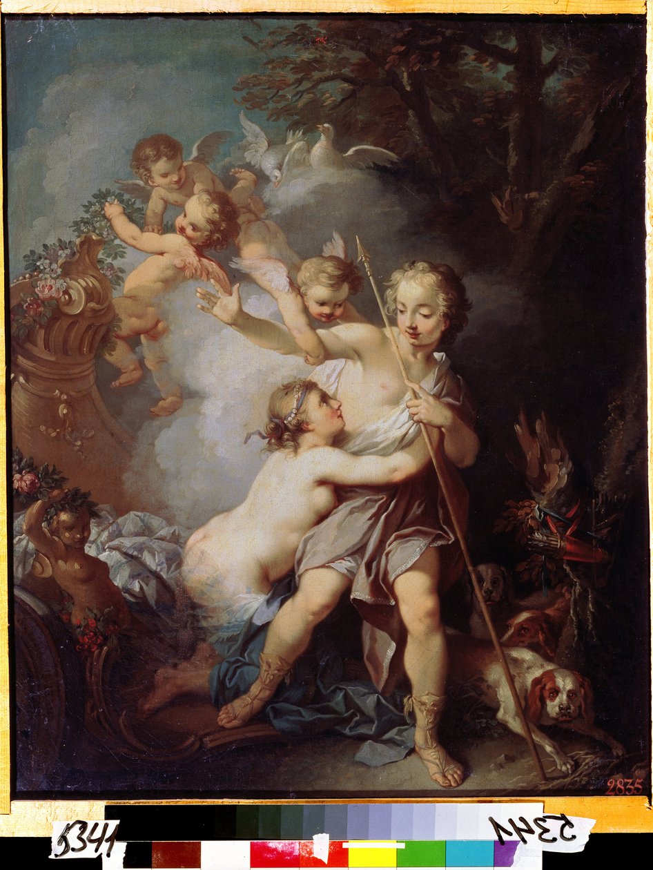 "Venus and Adonis" (Venus e Adonis) Pintura de Etienne Jeaurat (1699-1789) ca. 1750 Moscovo, Museu Pushkin de Étienne Jeaurat