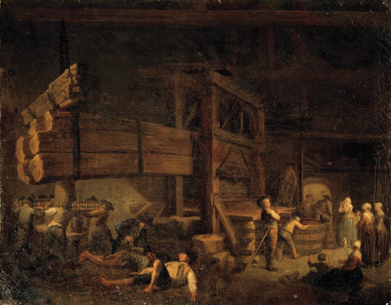 Vinificação: "Prensagem em Vermenton, a prensa Jeaurat em Borgonha" Pintura de Etienne Jeaurat (1699-1789) Século XVIII. Beaune de Étienne Jeaurat