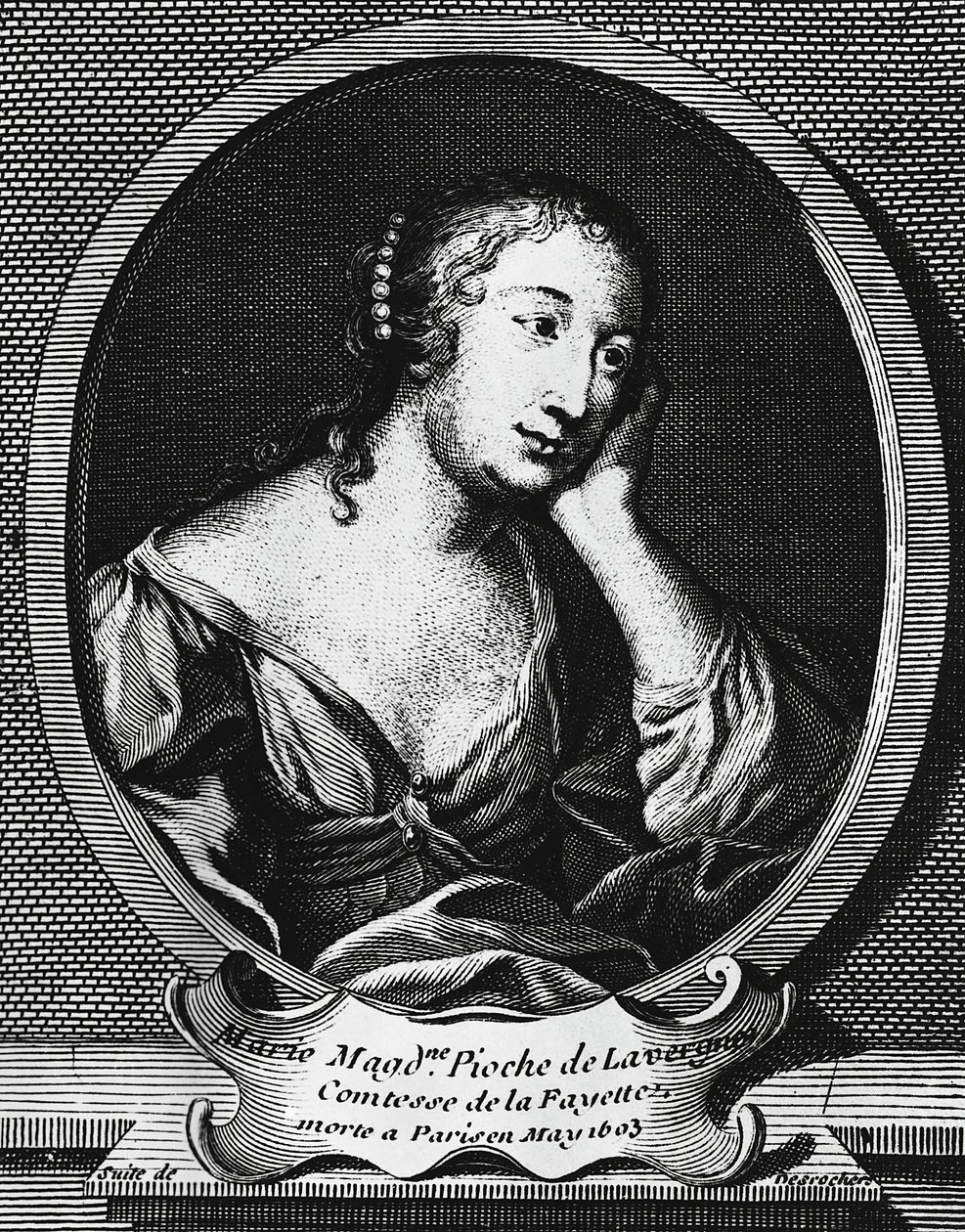 Retrato medalhão de Marie-Madeleine Pioche de La Vergne, comtesse de La Fayette (1634-1693), romancista francesa, gravura de Etienne Jehandier Desrochers (1668-1741) de Etienne Jehandier Desrochers