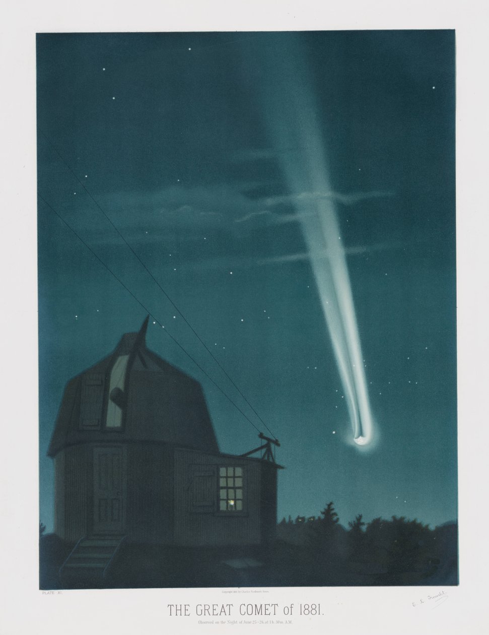 O Grande Cometa de 1881, observado na noite de 25-26 de junho, à 1h.30m da manhã, do The Trouvelot Astronomical Drawings 1881, pub. 1881 (litografia a cores) de Étienne Léopold Trouvelot