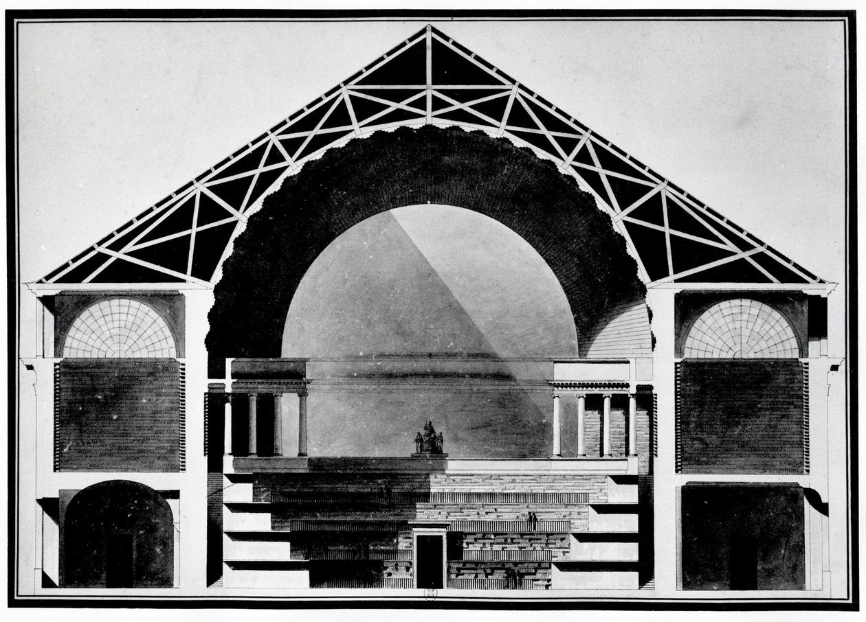 Bibliotheque Royale de France, desenho em corte transversal do edifício. Arquitetura de Etienne Louis Boullee (Etienne-Louis Boullee), arquiteto francês (1728-1799). de Etienne Louis Boullee