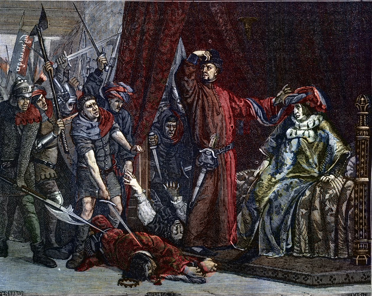 Cem anos de guerra: "O golfinho Charles (então Charles V) (1338-1380) (o primeiro golfinho da França) e Etienne Marcel (1302/1310-1358) que assassinaram dois ministros (marechaux) Robert de Clermont e Jean de Conflans na sala do golfinho francês em de Etienne Lucien Melingue