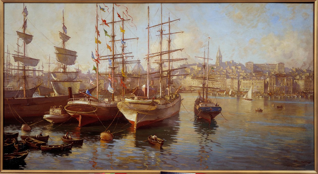 Balacelles laranja. (Vista do porto de Marselha). Pintura de Etienne Martin (1858-1945) de Etienne Philippe Martin