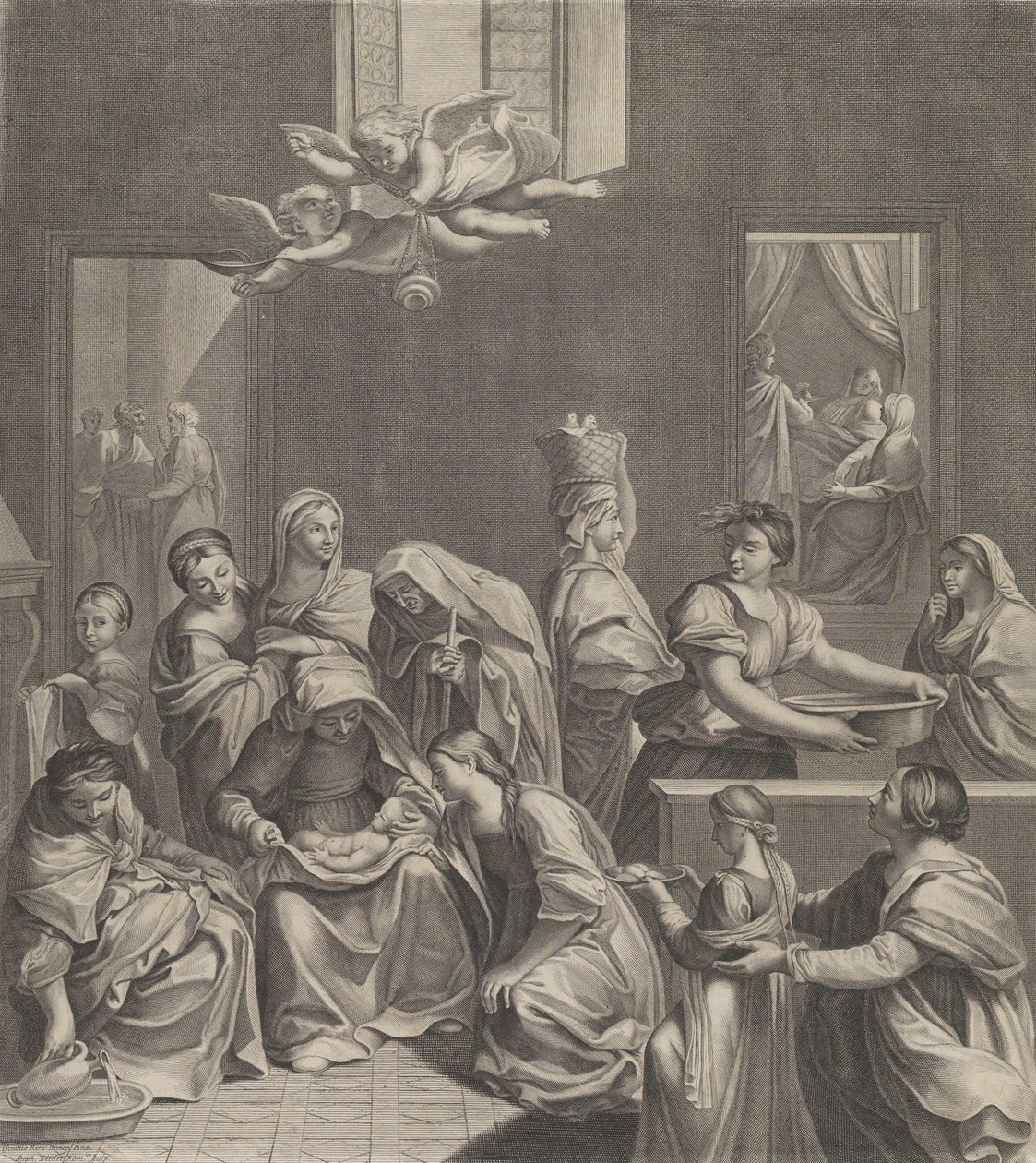O nascimento da Virgem, mulher sentada com uma criança no colo, numerosas mulheres ao redor..., 1677. de Etienne Picart
