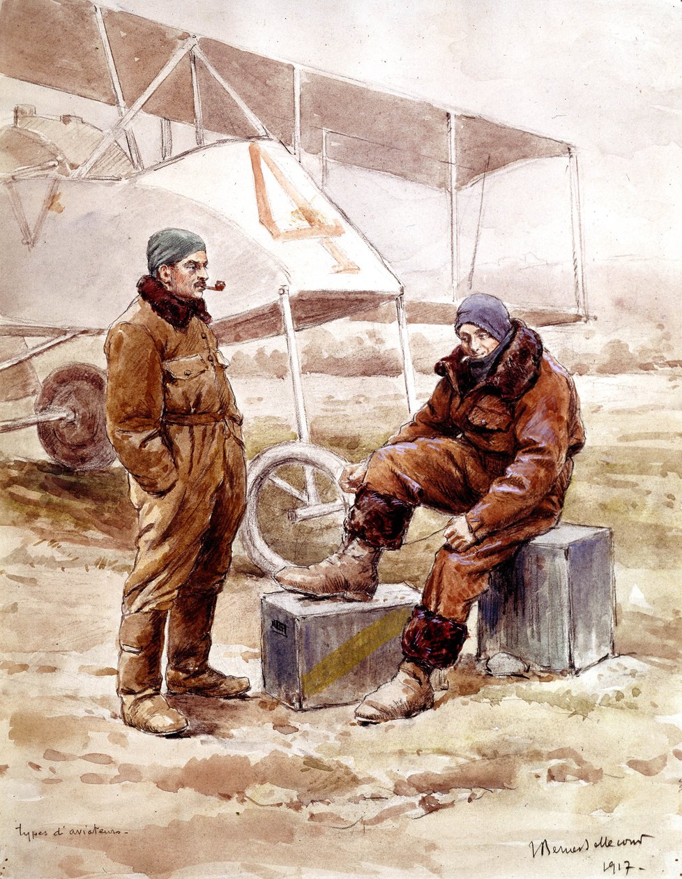 pilotos e avião-bomba "Voisin" em 1917 de Etienne Prosper Berne Bellecour