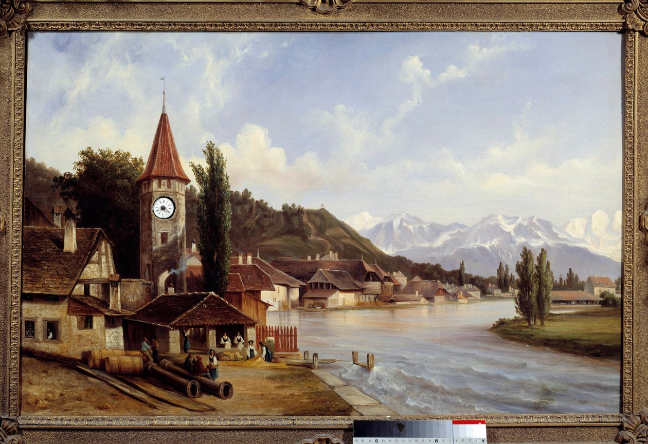 Vista da aldeia de Thun na Suíça. Pintura por Etienne Raffort (1802-1895) de Etienne Raffort