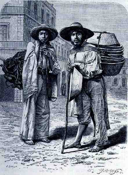 Charcoal and Batteas Vendors, de As Antigas Cidades do Novo Mundo, de Claude-Joseph-Desire Charnay, gravada por Henri-Theophile Hildebrand (1824-97), pub. 1887 de Etienne after Ronjat