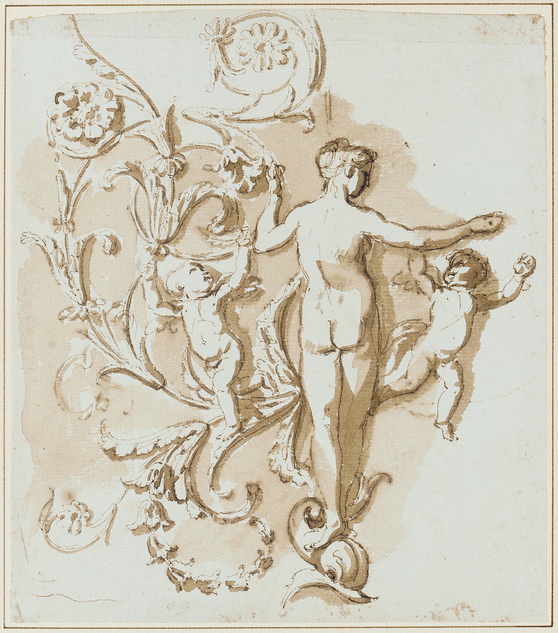 Nu feminino visto por trás, com dois putti, entre decoração de folhas de acanto de Etienne de Lavallee Poussin