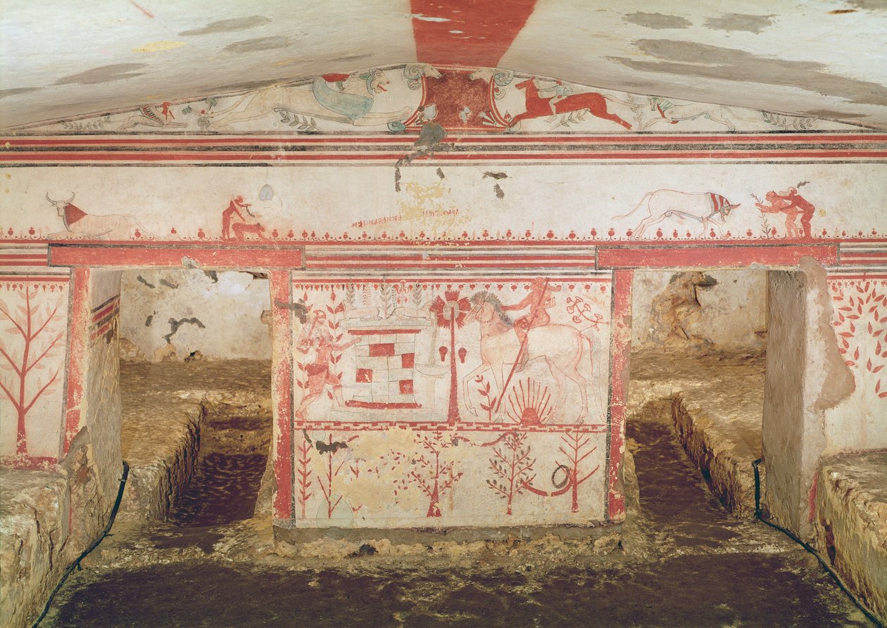 Aquiles, emboscando Troilo, do túmulo dos touros, c.550 aC (pintura mural) de Etruscan