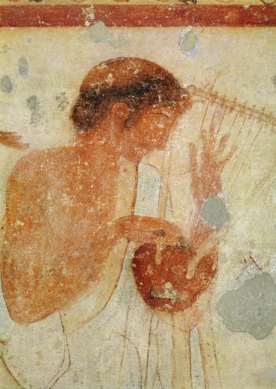 Detalhe do músico tocando a cítara ou a lira, do túmulo do Triclinium, c.470 BC pintura de parede ver também 407461 de Etruscan