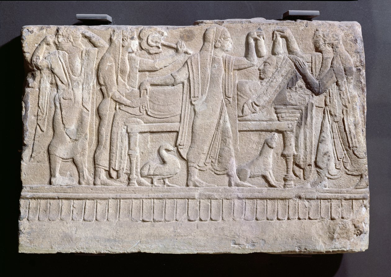 Monumento funerário que descreve as pessoas que cercam a colocação de um corpo antes da cremação, c.490-480 aC (pedra vulcânica) de Etruscan