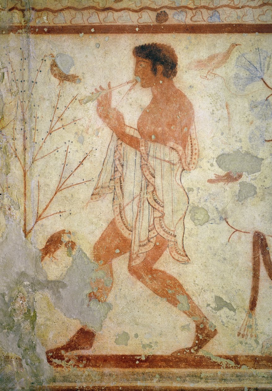 Músico tocando uma flauta dupla, do túmulo do triclinium, c.470 aC (pintura de parede) de Etruscan