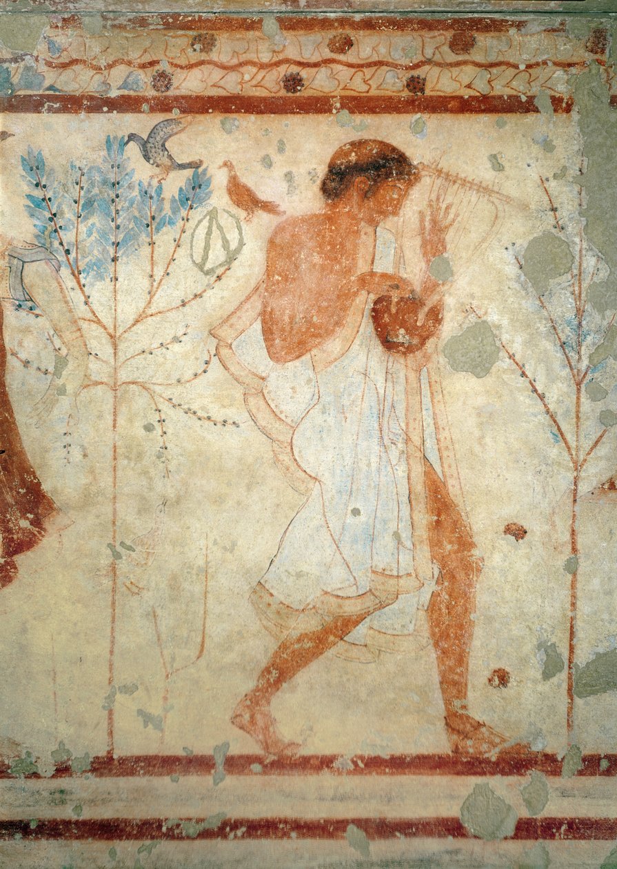 Músico tocando a cítara ou a lira, do túmulo do triclínio, c.470 aC (pintura de parede) (ver também 407461) de Etruscan