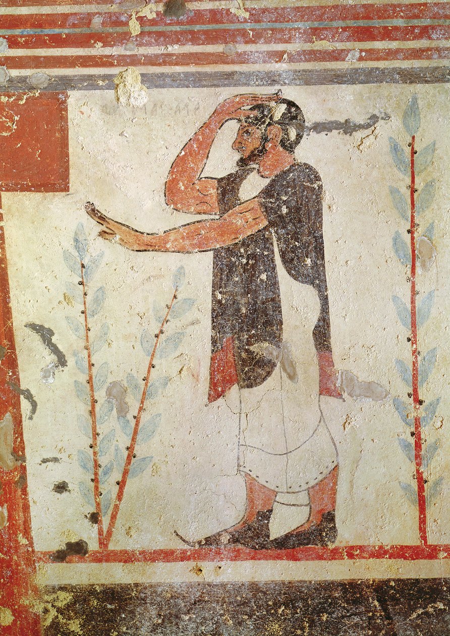 Sacerdote fazendo um gesto ritual, do túmulo dos Auguros, c.530-20 aC (pintura mural) (ver também 106404) de Etruscan