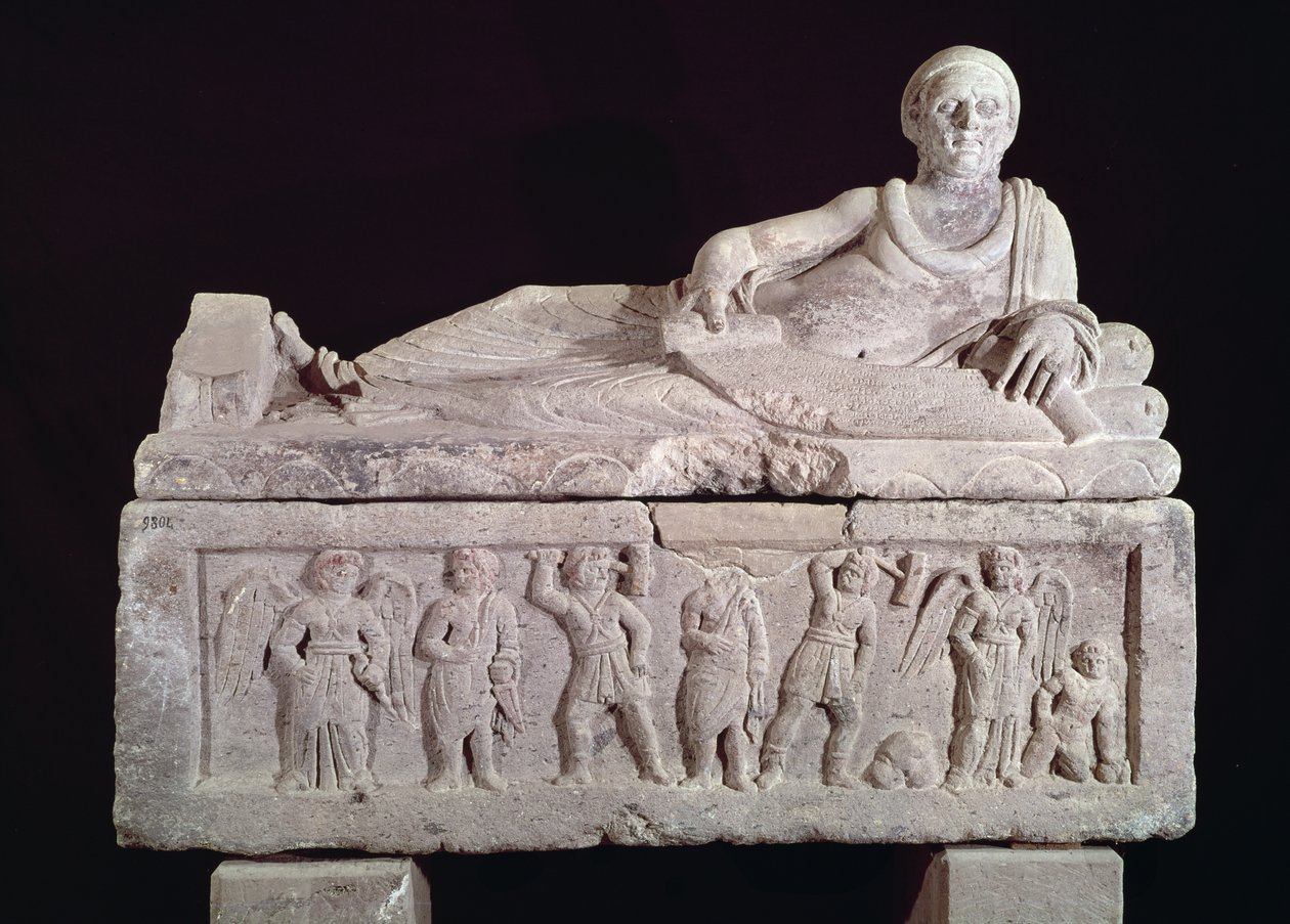 Sarcófago do magistrado Laris Pulena com um pergaminho desenrolado diante dele, final do século III aC (terracota) de Etruscan
