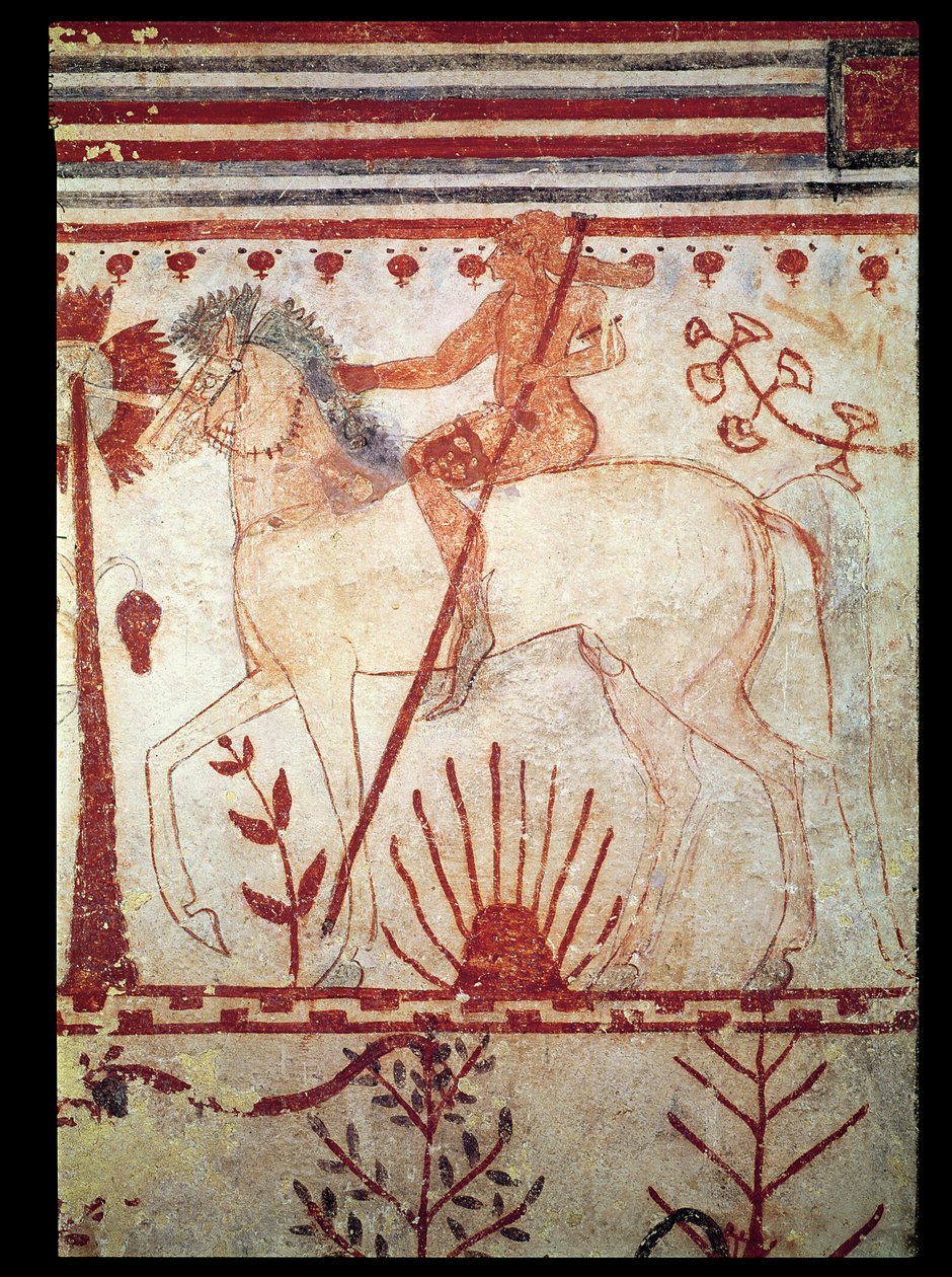 A emboscada do Trojan Prince Troilus por Aquiles, do túmulo dos touros (Tomba del Tori) c.540 BC (pintura de parede) de Etruscan