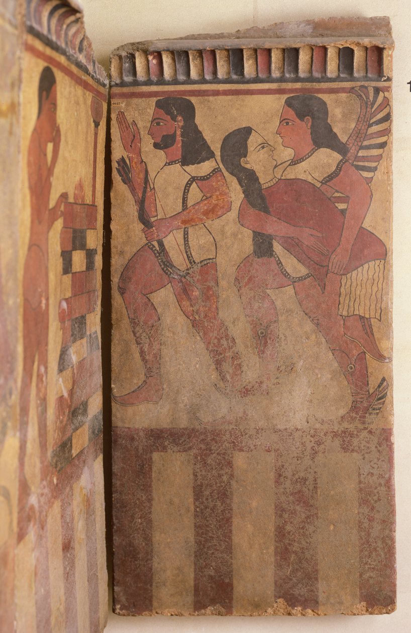 A placa de Campana, um gênio alado carrega uma mulher acompanhada por um arqueiro, c.550-525 BC (mural) (detalhe) de Etruscan