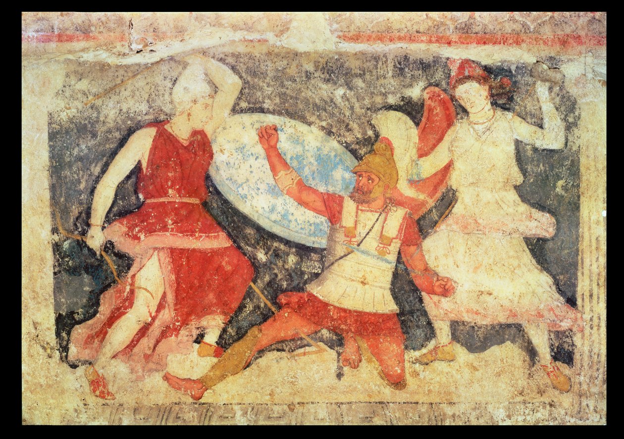Duas Amazonas em combate com um grego, de Tarquinia, 370-360 aC (pintura de parede) de Etruscan