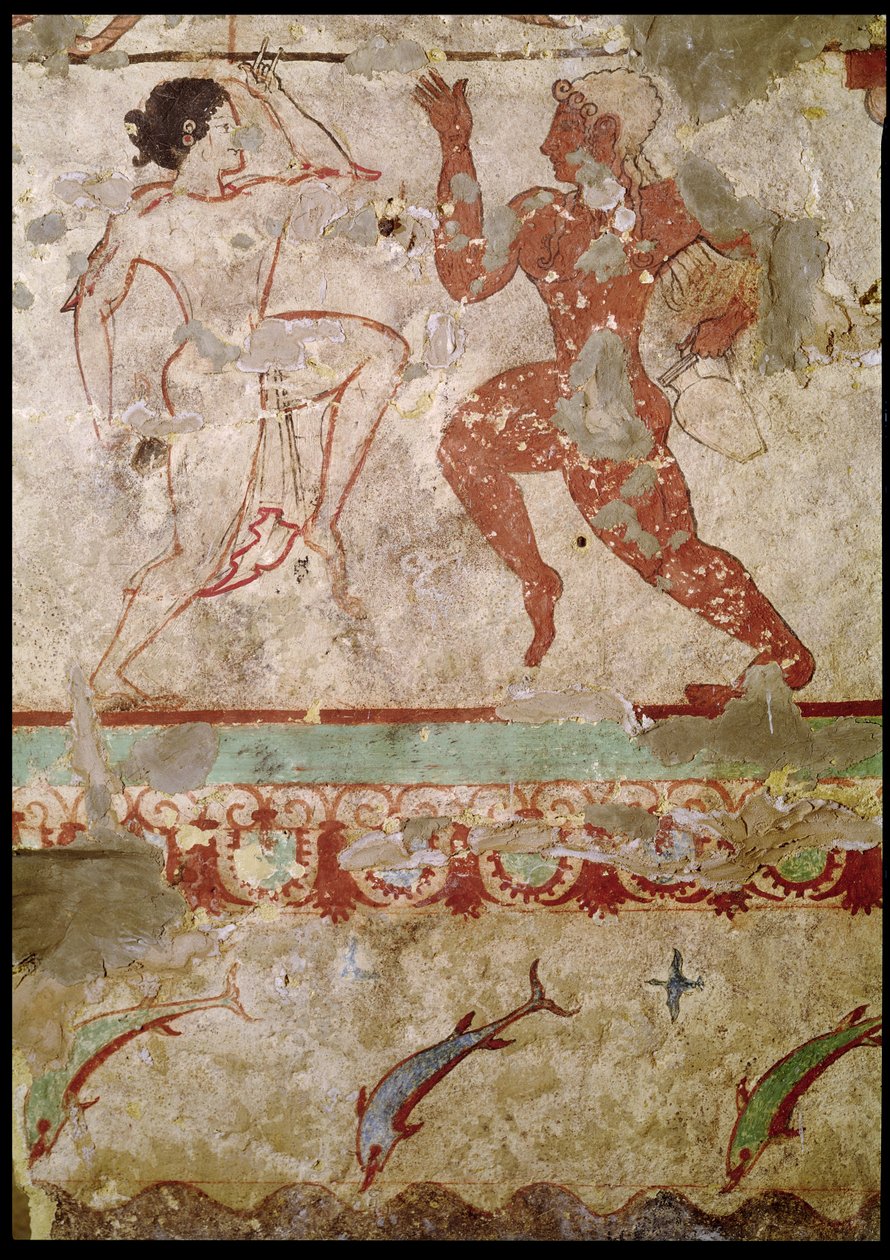 Dois dançarinos e golfinhos pulando através de ondas, friso do túmulo das leoas na necrópole, c. 520 aC (pintura de parede) de Etruscan