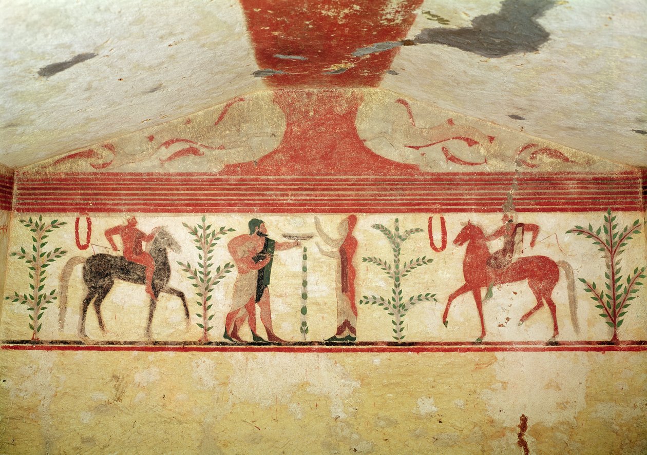Vista da parede do fundo, Túmulo do Barão, c.500 aC (pintura de parede) de Etruscan