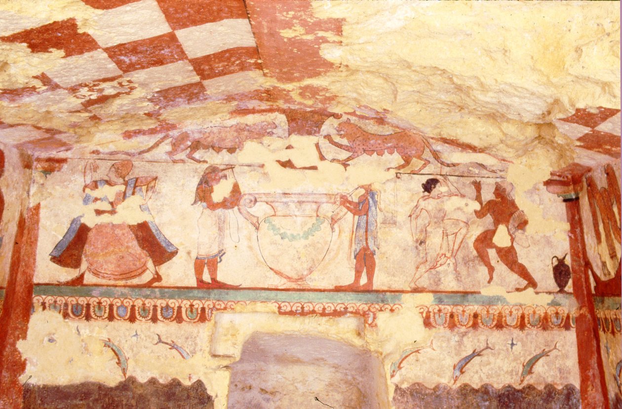 Parede retratando músicos, dançarinos e golfinhos, do túmulo das leoas na necrópole, c.520 aC (pintura de parede) de Etruscan