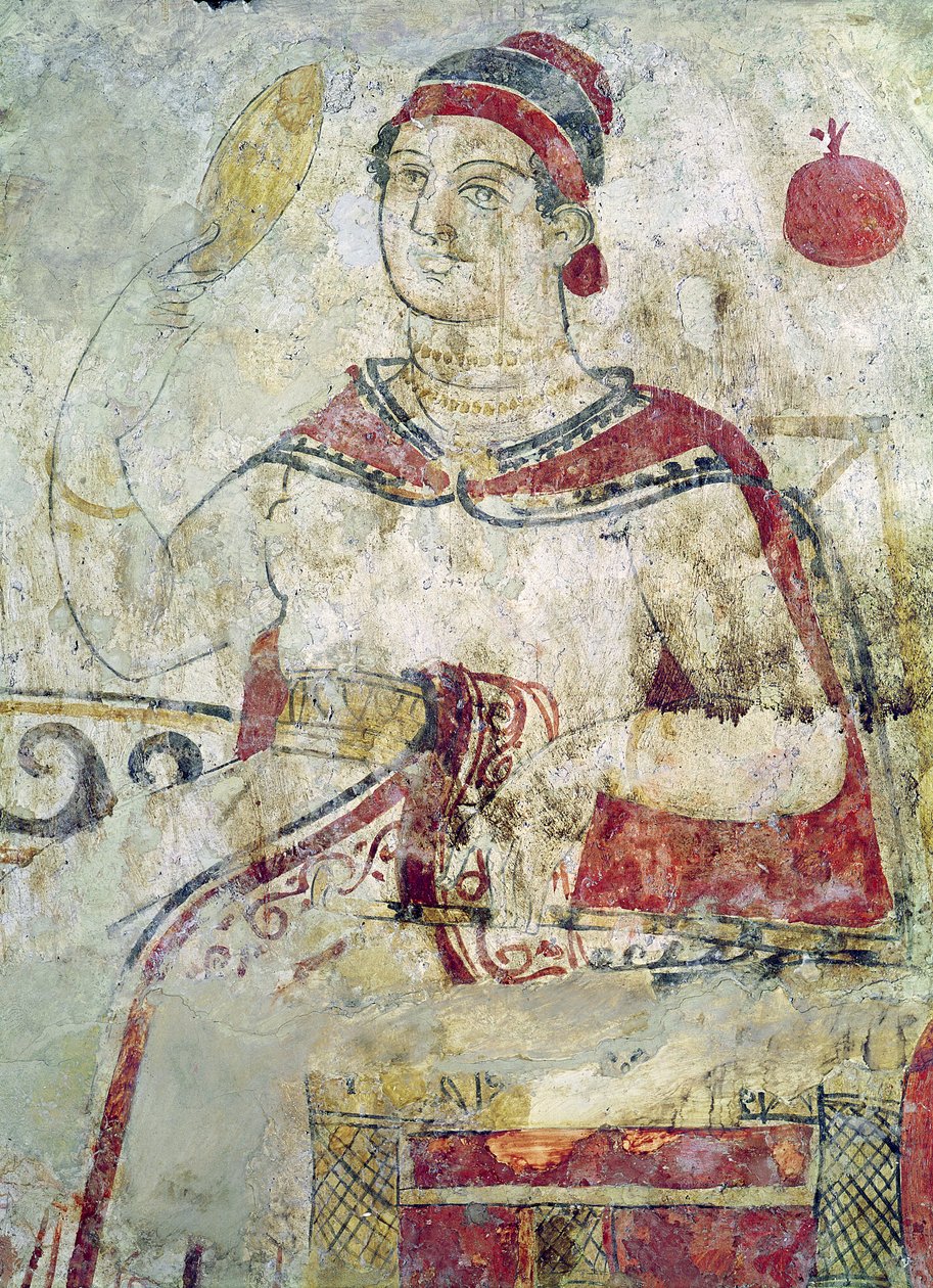 Mulher, em, dela, banheiro, detalhe, de, um, funerary, cena, Samnite, período, 5º-4º, século, BC, (wall, painting) de Etruscan