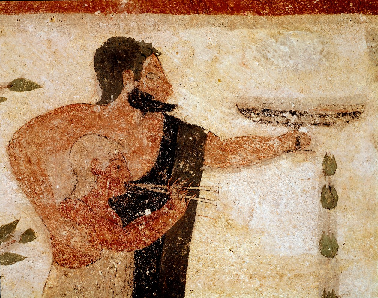 Um homem barbudo apresentando uma taça, perto dele um músico (Detalhe do fresco, 530 aC) de Etruscan
