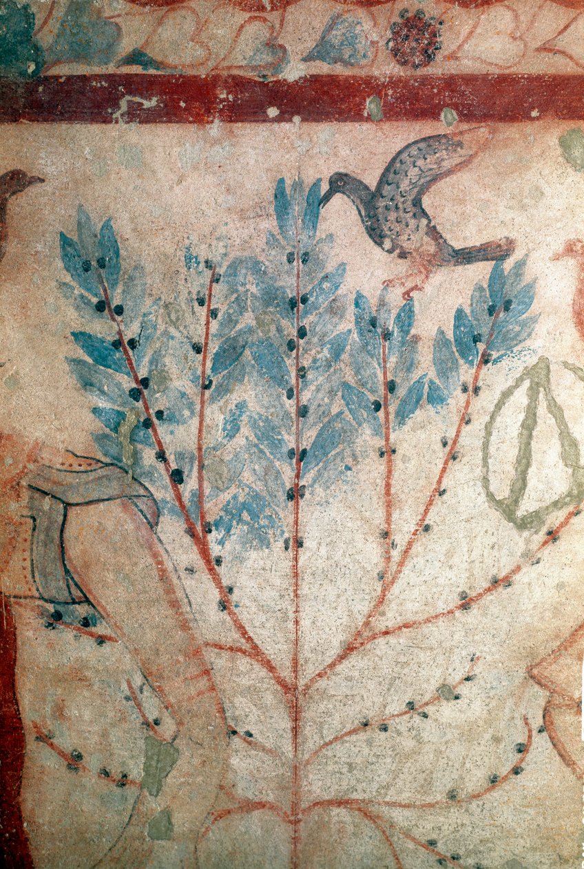 Um pássaro sentado em uma pequena árvore (Fresco, detalhe, 530 aC) de Etruscan