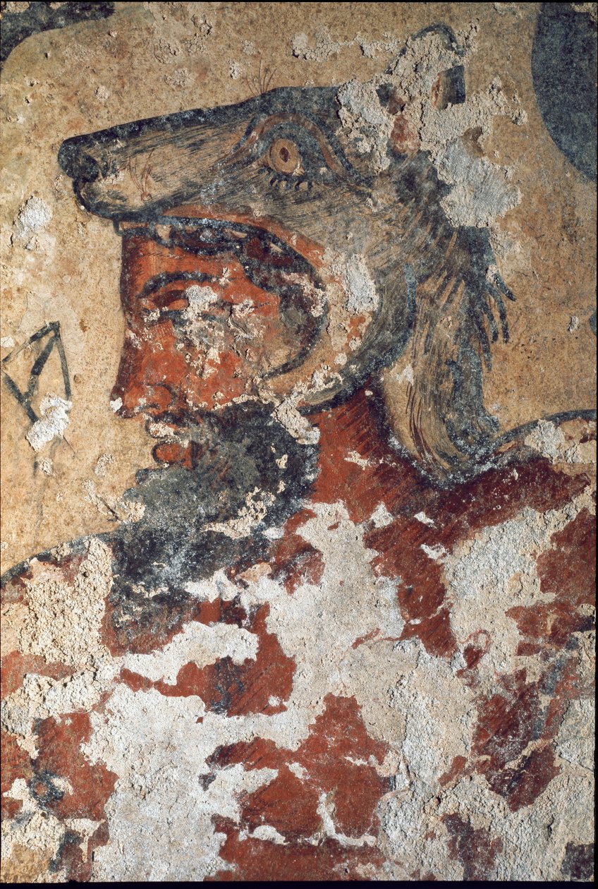 Aita (Eiza), deus etrusco da Afterlife, usando um boné de lobo (detalhe do afresco, 4º AC) de Etruscan