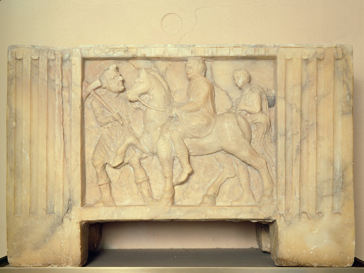 Grafite de alabastro com o falecido cavalgando para o Mundo Inferior, do século IX a I aC (alabastro) de Etruscan