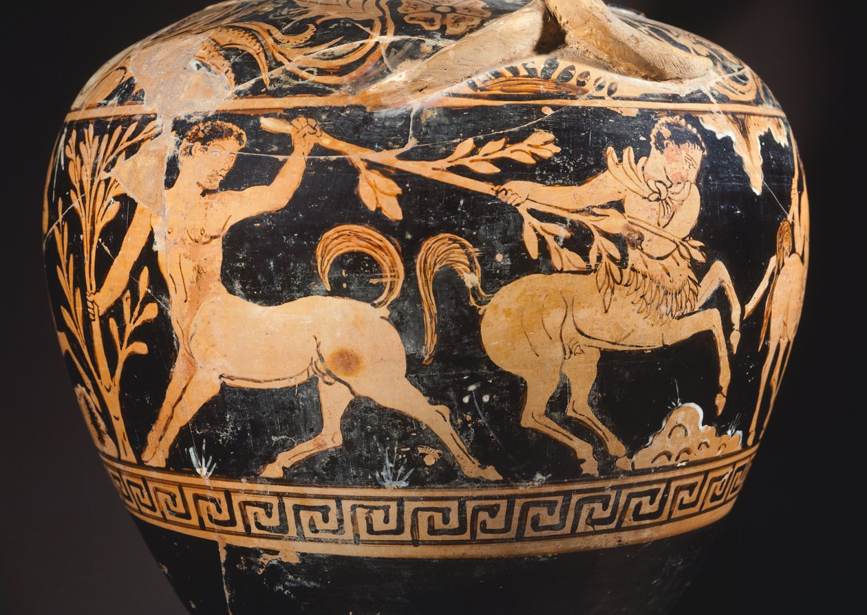 Ânfora do Pintor do Centauromachy, detalhe mostrando uma batalha entre centauros. Cerâmica de algarismos vermelhos de Porano (Úmbria). Civilização Etrusca, Século IV a.C. de Etruscan