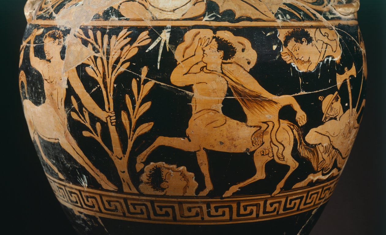 Ânfora do Pintor do Centauromachy, detalhe mostrando um centauro. Cerâmica de algarismos vermelhos de Porano (Úmbria). Civilização Etrusca, Século IV a.C. de Etruscan