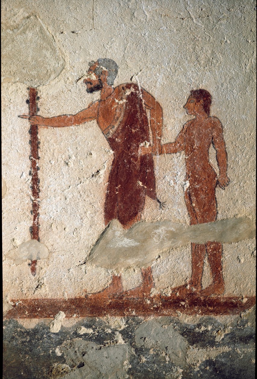 Um homem velho acompanhado por um homem jovem (Fresco, detalhe, 530 AC) de Etruscan