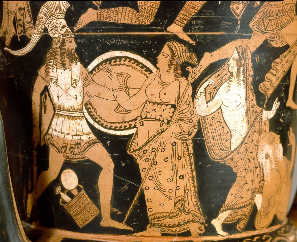 Antiquito etrusco: cratera em sino representando a destruição de Tróia: detalhe representando Menelas de frente para Afrodite, Helene é representada à direita. De Falerii Veteres (Civita Castellana). 350-300 AC. Roma, Museo Nazionale di Villa Giulia de Etruscan