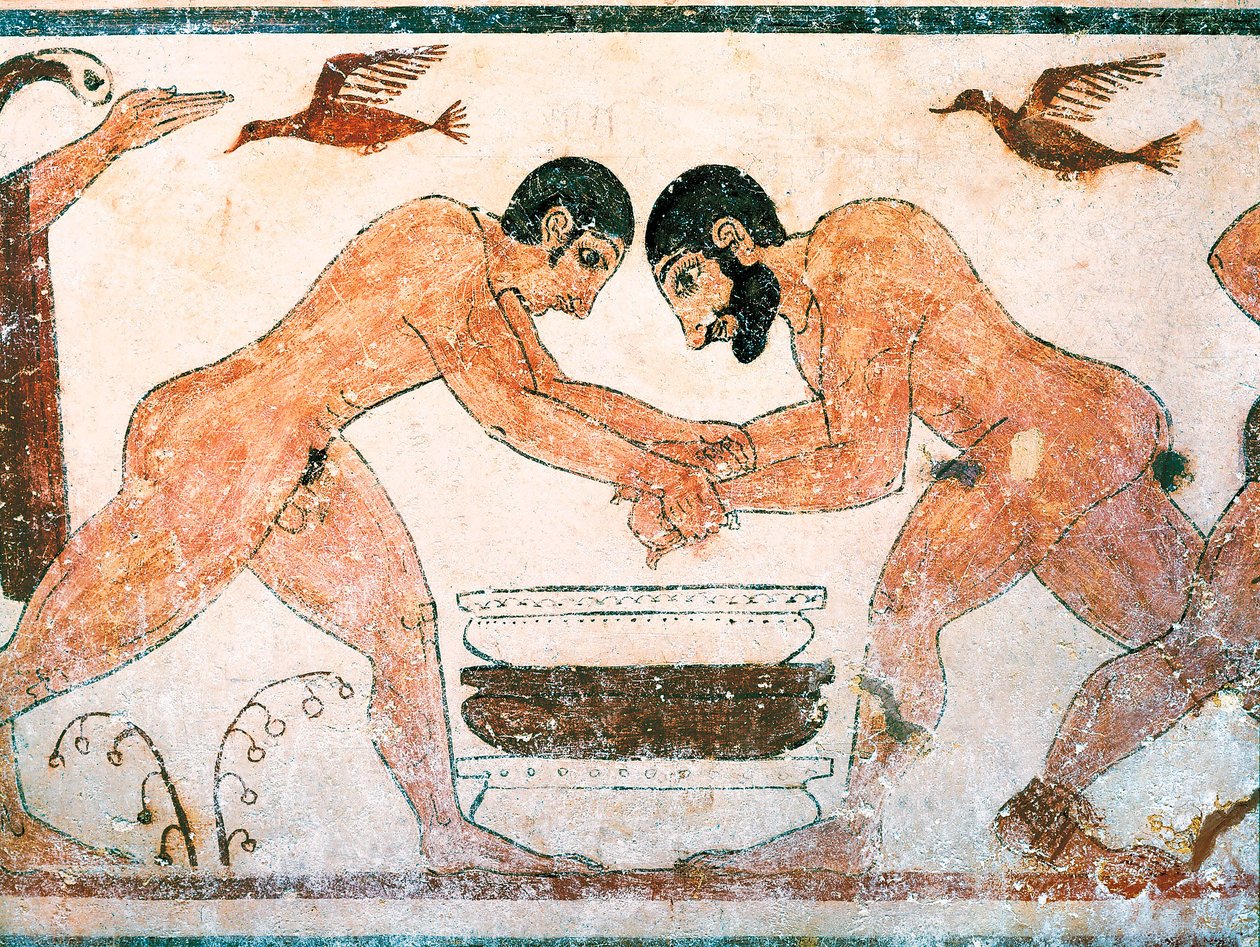 Arte etrusca : Atletas representados na tumba dos augúrios na necrópole de Monterozzi Tarquinia, perto de Viterbo, Itália. Fresco do século VI a.C. de Etruscan