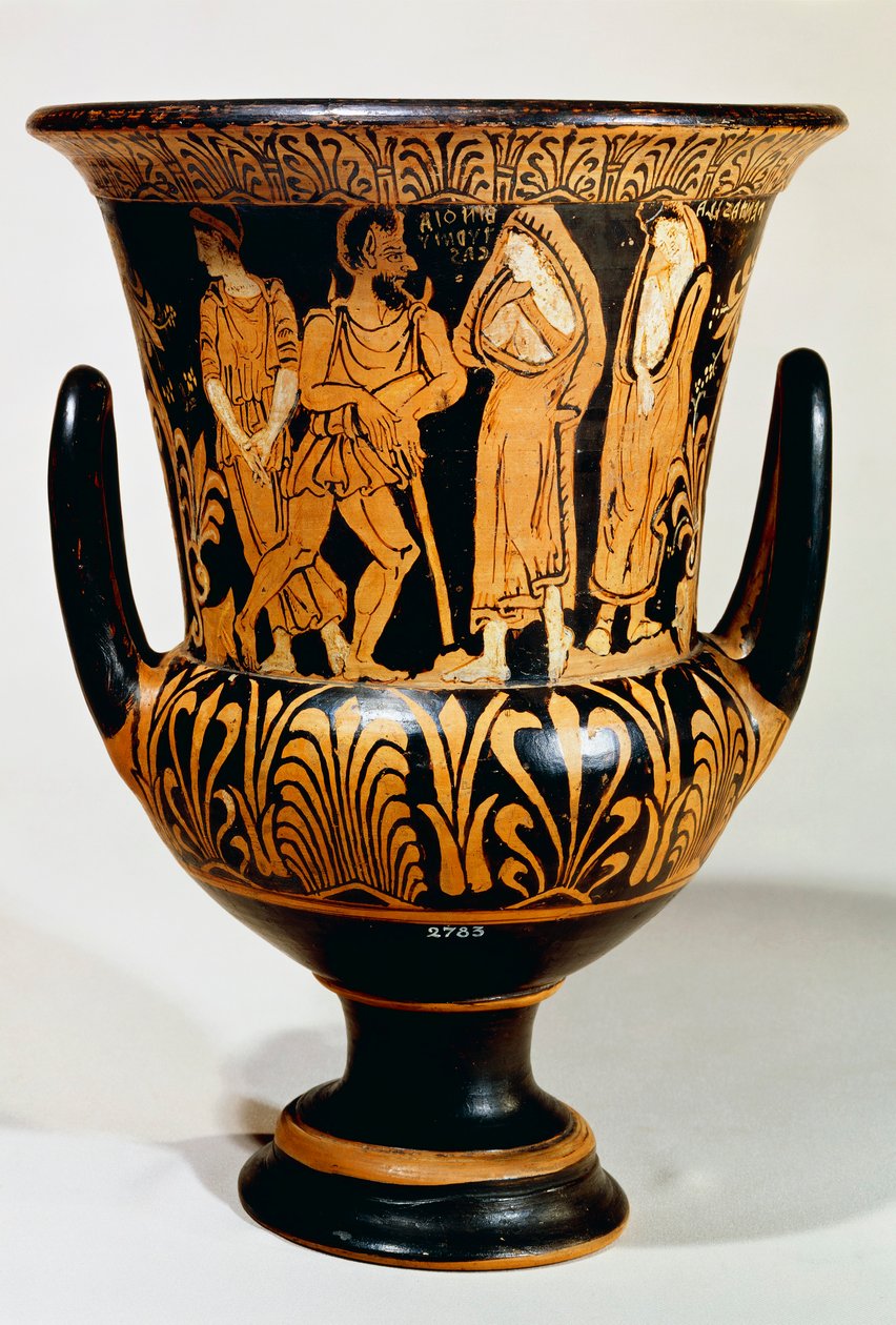Calyx-krater (vaso grande) do Pintor Turmuca retratando uma cena do submundo com Charon e meninas. Cerâmica de figuras vermelhas de Vulci (Lazio). Civilização Etrusca, 330-300 AC. de Etruscan