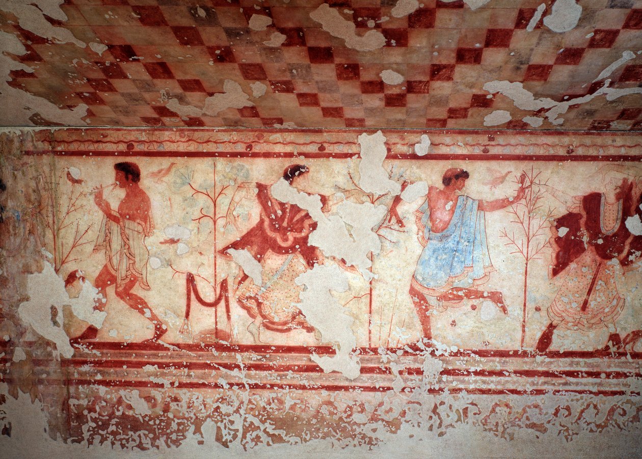 Dançarinos e músicos durante um banquete. Frescos do Tomba del triclinium, século V a.C. de Etruscan