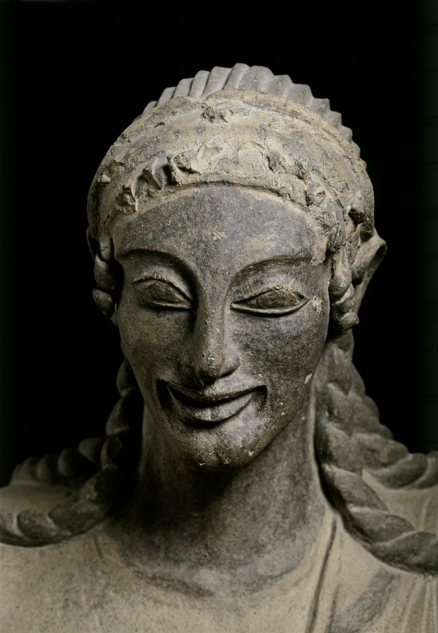 ARTE ETRUSCA: Apolo (pormenor). c. 510-490 a.C.. De Veius, santuário de..., c. 510-490 a.C. (terracota) de Etruscan
