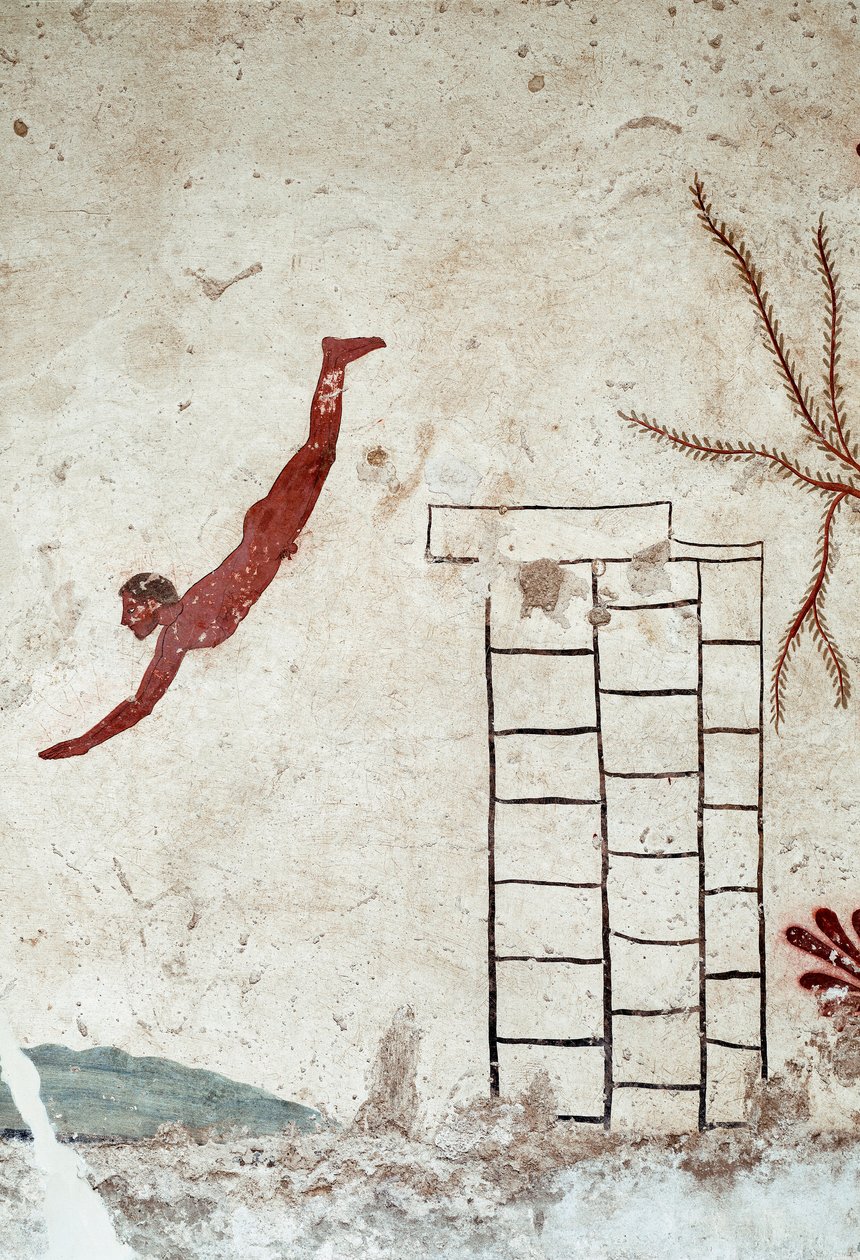 Arte etrusca: Um jovem nadador a mergulhar. Fresco do túmulo do "mergulhador". Detalhe. Do cemitério do sul de Paestum. 480-470 AC. Museo Archeologico Nazionale, Paestum de Etruscan